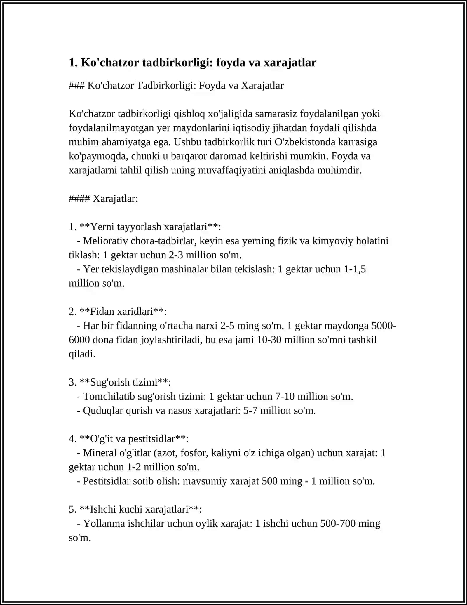 Ko'chatzor Tadbirkorligi: Foyda va Xarajatlar 3