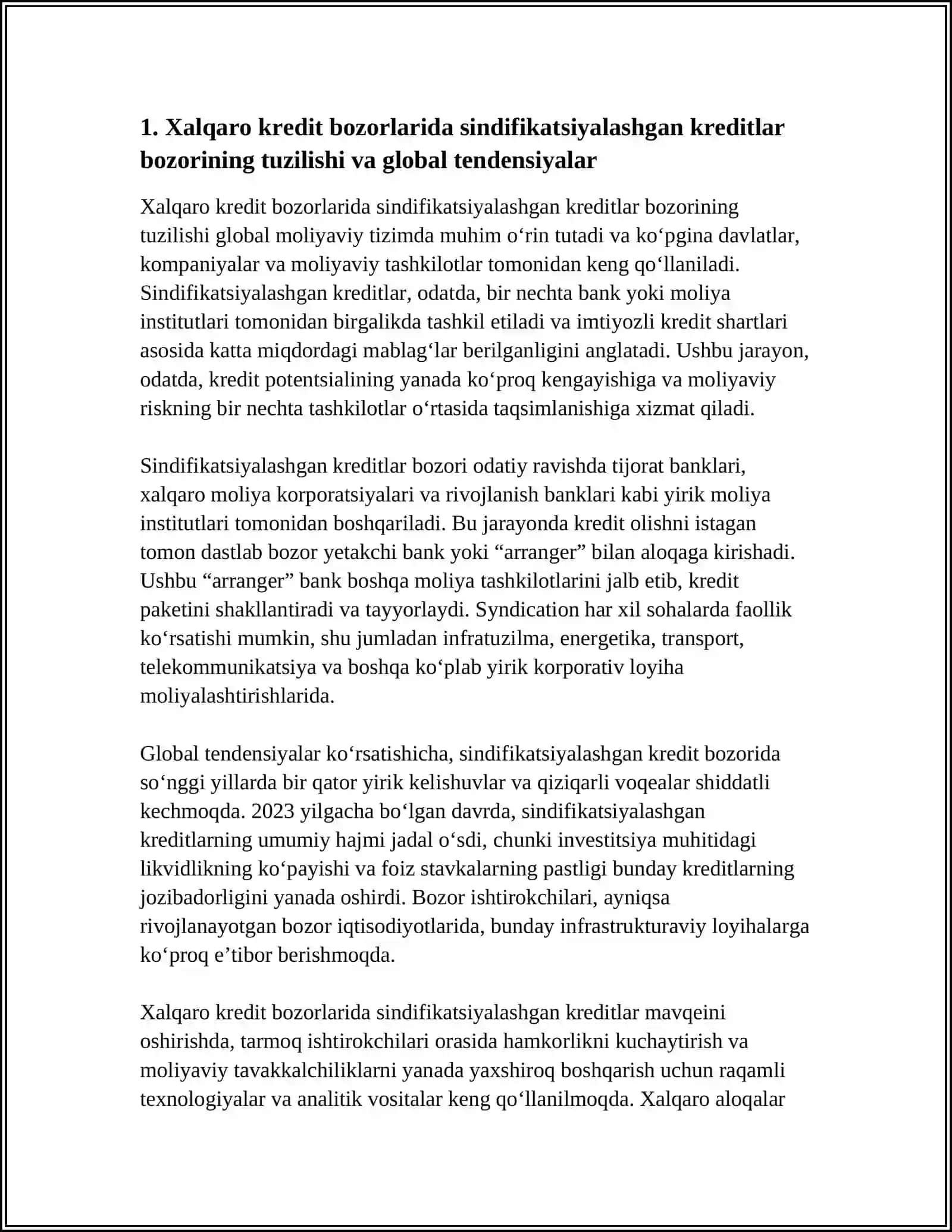Xalqaro Kredit Bozorlarida Sindifikatsiyalashgan Kreditlar Mavqeini Oshirish 3