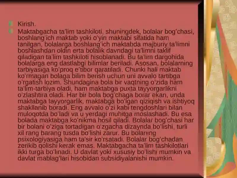 Maktabgacha taʼlim-tarbiya ni tashkili etish fanidan Kurs 3