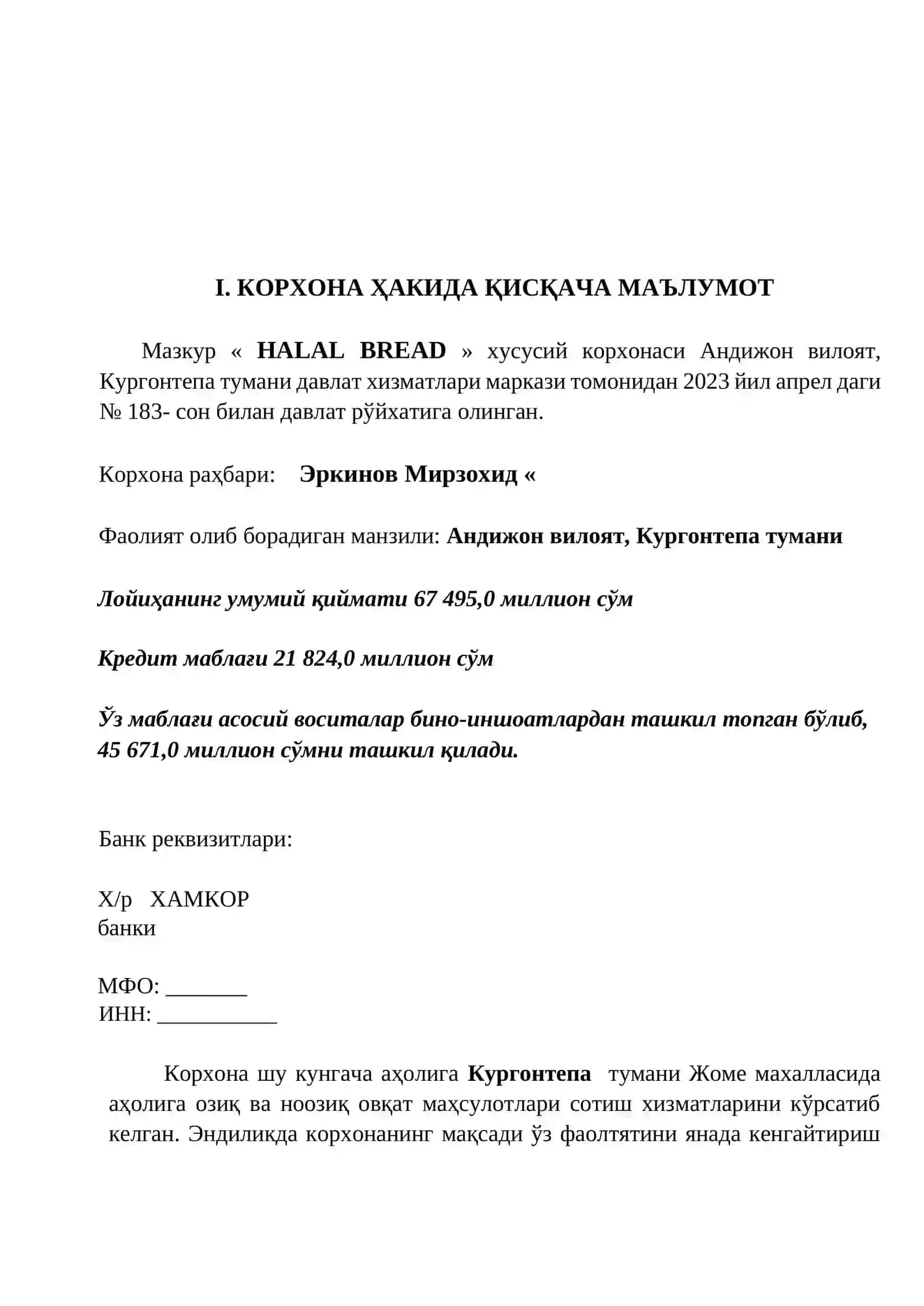 non ishlab chiqarish Biznes reja namuna 3