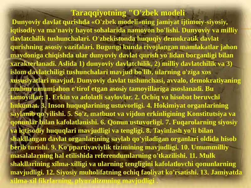 O`zbekistonning o`ziga xos istiqlol va taraqqiyot yo`li 2 3