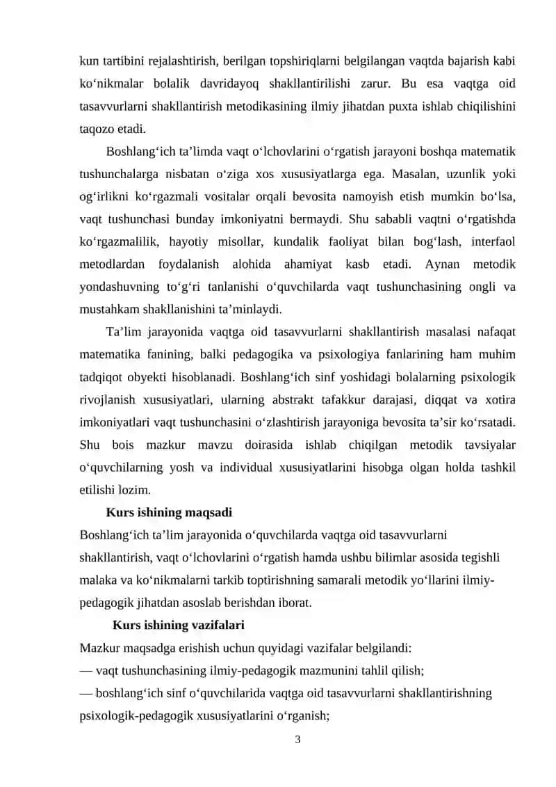 Vaqtga oid tasavvurlarni tarkib toptirish, vaqt o‘lchovlarini o‘rgatish hamda tegishli malaka va ko‘nikmalarni tarkib toptirish metodikasi 3