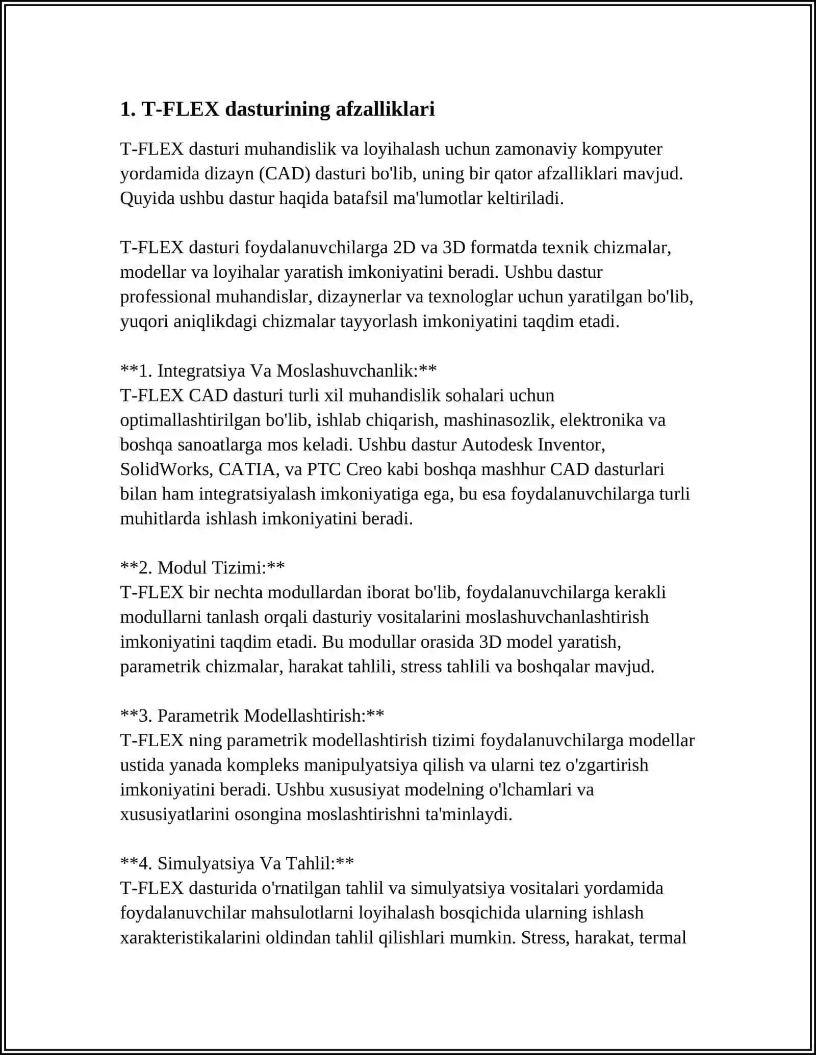 T-FLEX DASTURINING AFZALLIGI VA KAMCHILIGI RASMLAR BN KELTIRISH 3