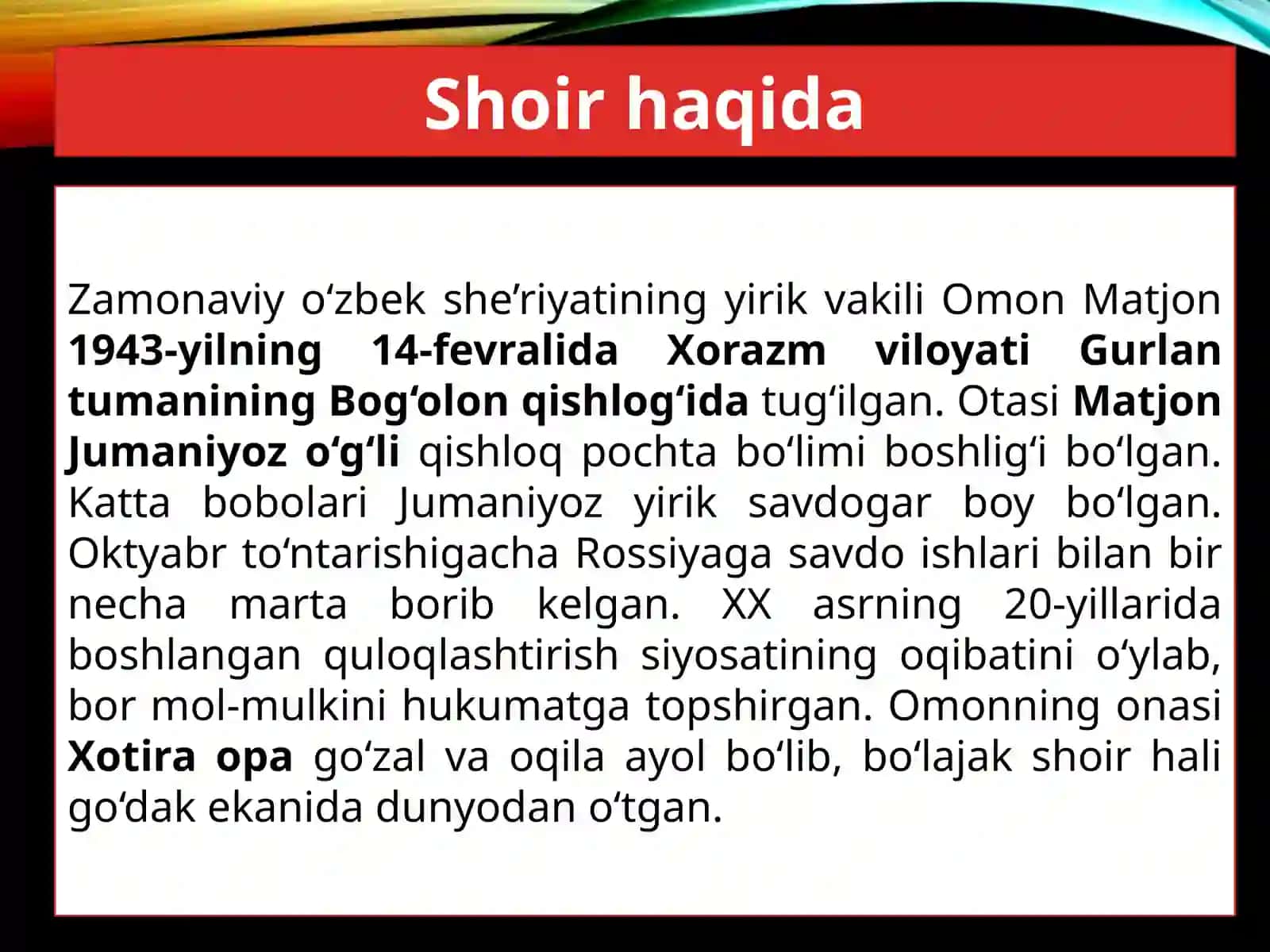 9-sinf Adabiyot dars ishlanma. Omon Matjon hayoti va ijodi 3