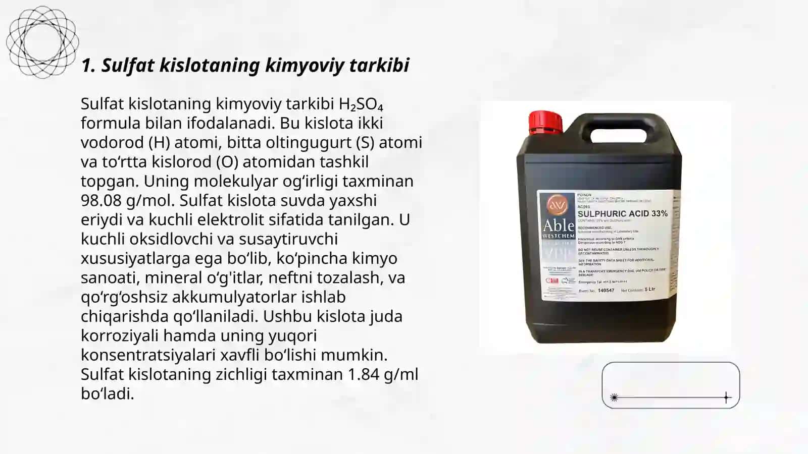 Sulfat kislota ishlab chiqarish,ularning o'ziga xos xossalari 3