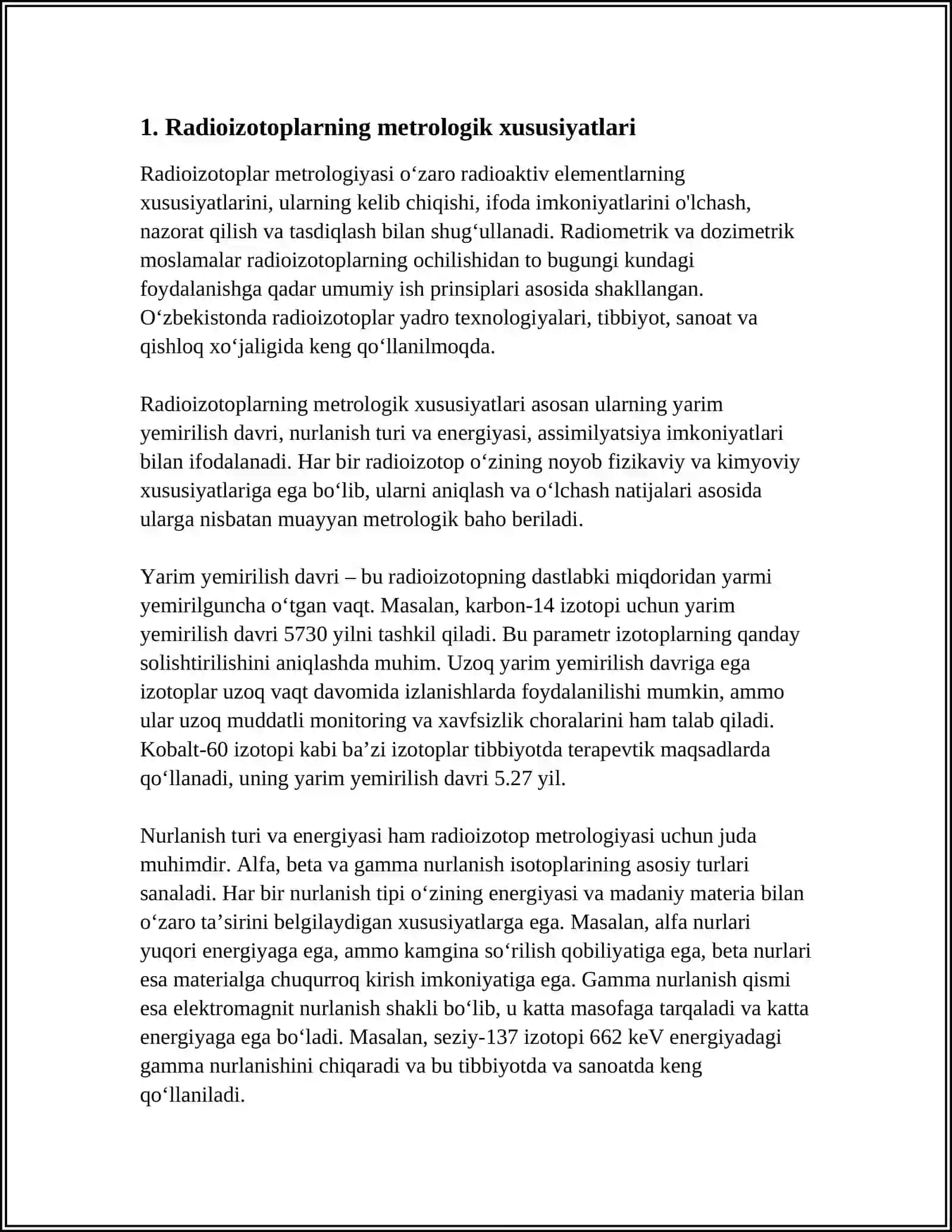 RADIOIZOTOPLI ZICHLIK OʻLCHAGICHNING METROLOGIK XARAKTERISTIKALARINI ANIQLASH 3
