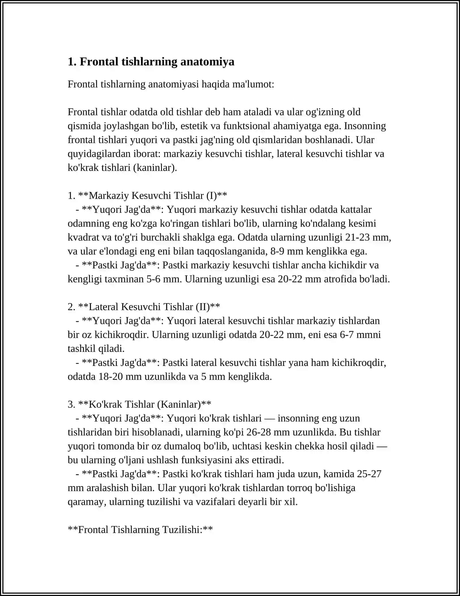 DOIMIY TISHLOVDAGI FRONTAL GURUH TISHLARNING TUZILISHI 3