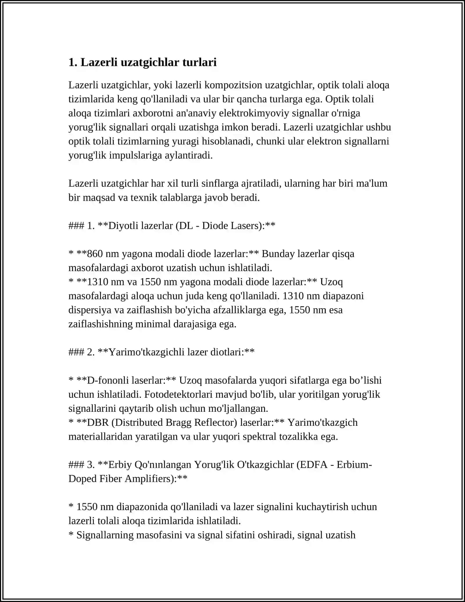LAZERLI UZATGICHLAR VA LAZER NURLANISHINI MODULYATSIYALASH. AXBOROTNI UZATISH UCHUN OPTIK MUHITLAR. OPTIK NURLANISH QABUL QILGICHLARI 3