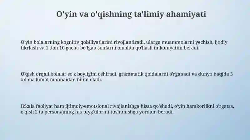 Kichik maktab yoshidagi bolalar oʻyin faoliyatining oʻqish faoliyatiga almashinuvi 3