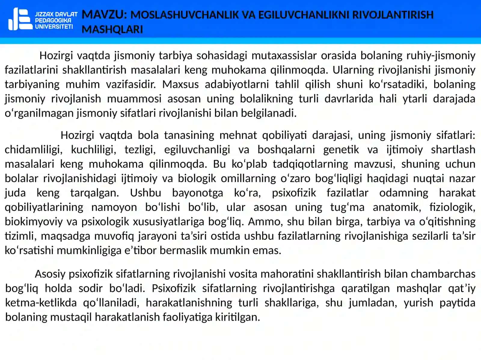 MOSLASHUVCHANLIK VA EGILUVCHANLIKNI RIVOJLANTIRISH MASHQLARI 3