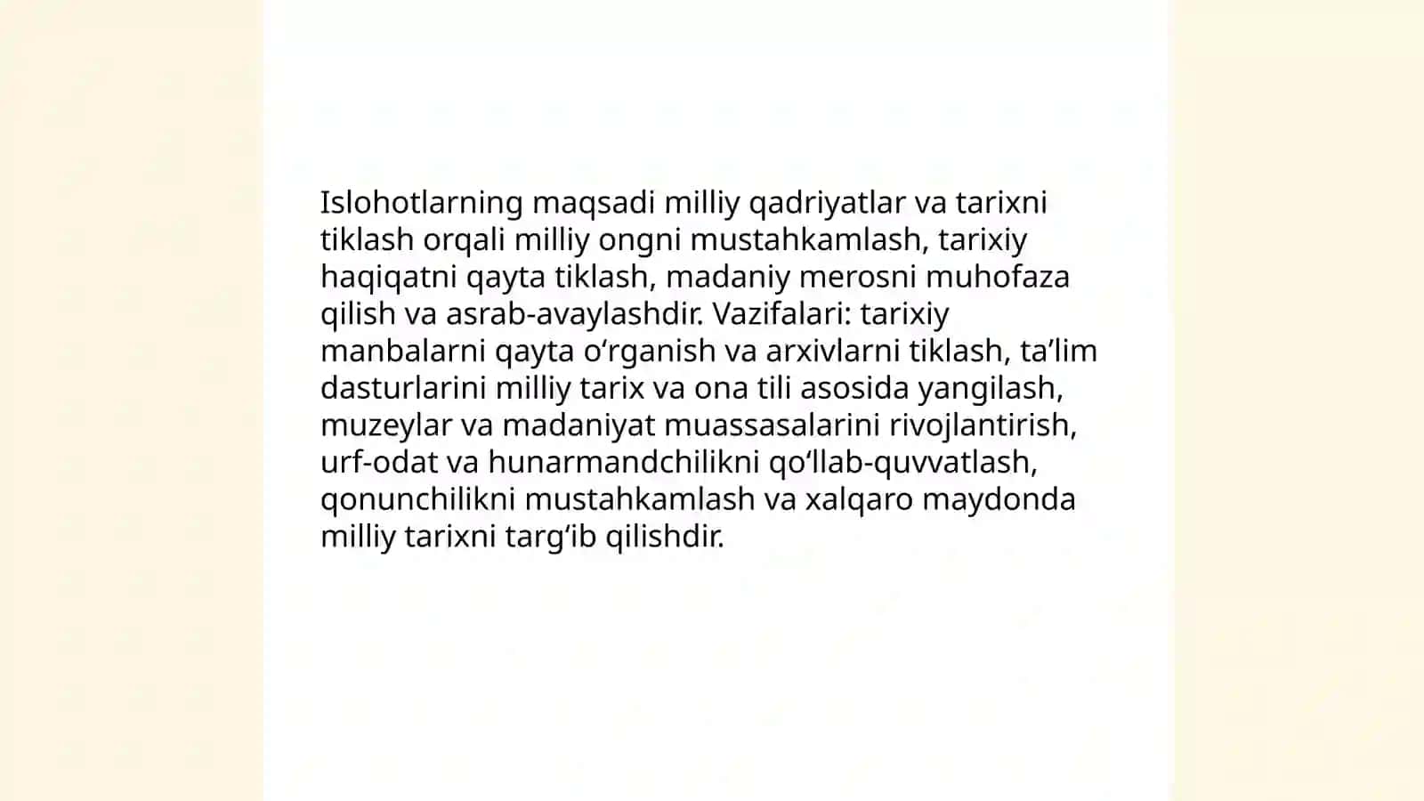 Oʻzbekistonda milliy qadriyatlar va tarixini tiklash borasidagi islohotlar mazmuni 3