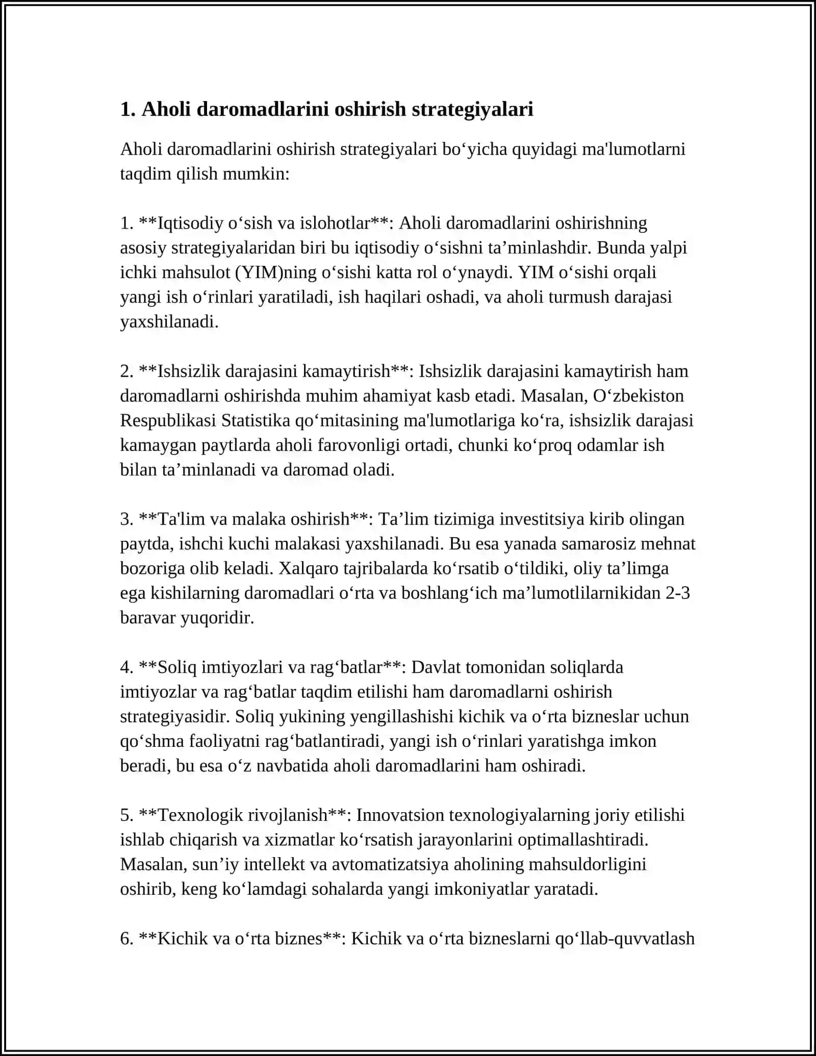 AHOLI DAROMADLARI VA TURMUSH TARZINI YAXSHILASHNING USTUVOR YO'NALISHLARI 3
