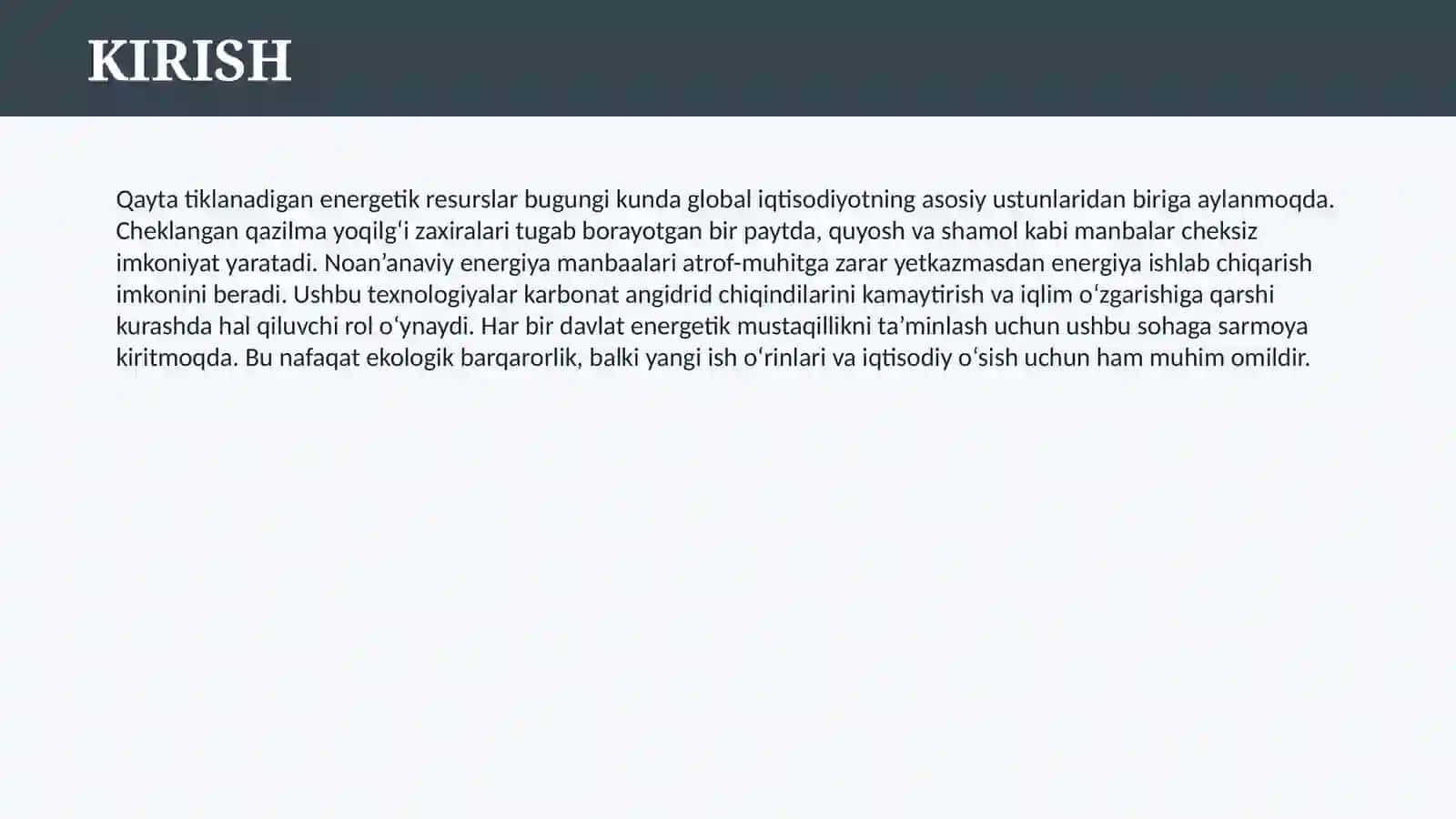 QAYTA TIKLANADIGAN ENERGETIK RESURSLAR VA NOAN’ANAVIY ENERGIYA MANBAALARI 3