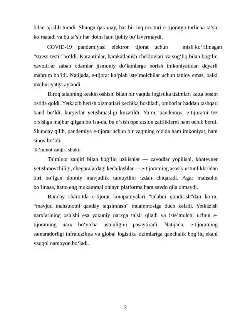 Inqirozli vaziyatlarning elektron tijorat samaradorligiga ta’sirini baholash - 2020 yil Koronavirus pandemiyasi misolida 3