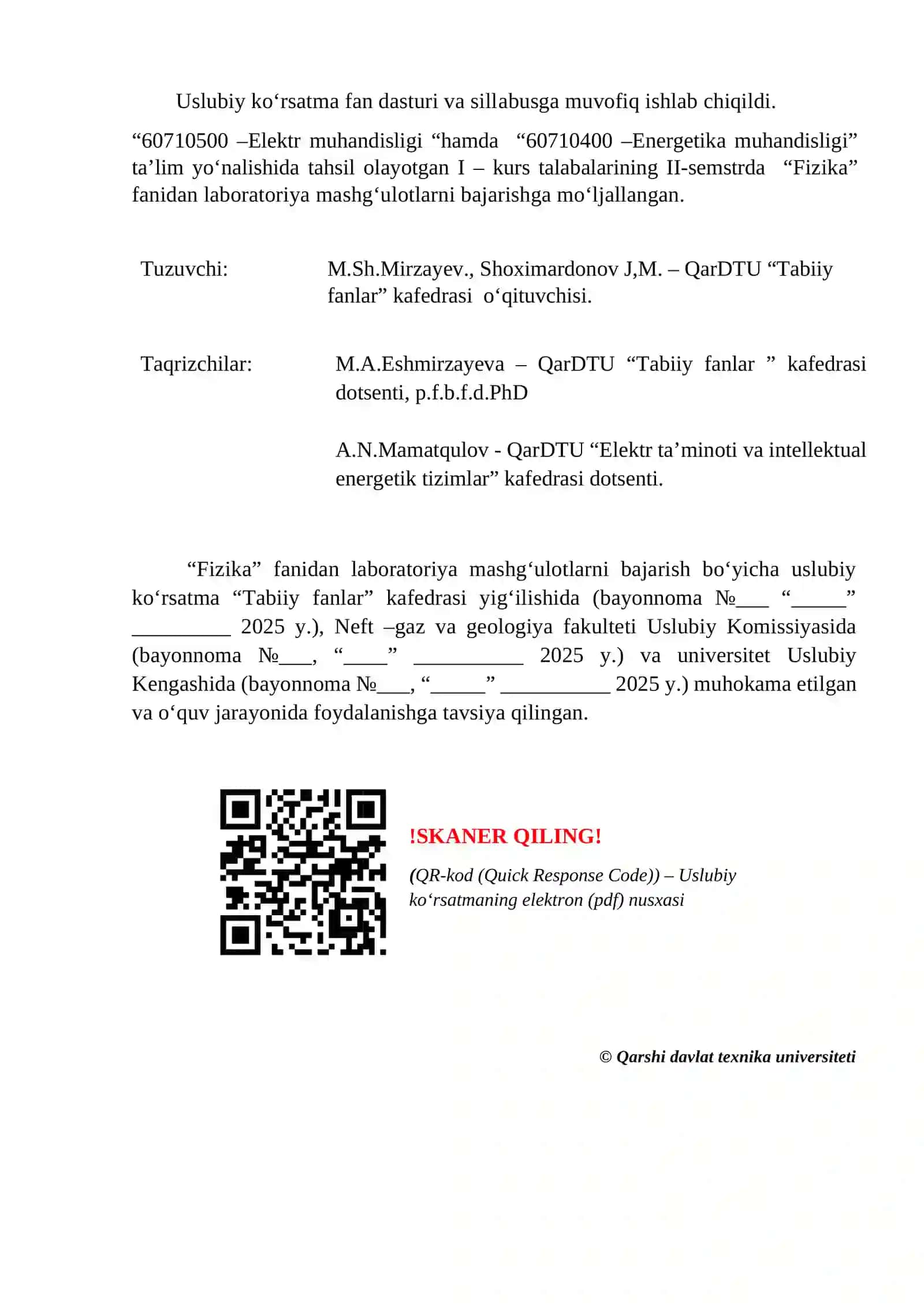 Uslubiy koʻrsatma fan dasturi va sillabusga muvofiq ishlab chiqildi 3