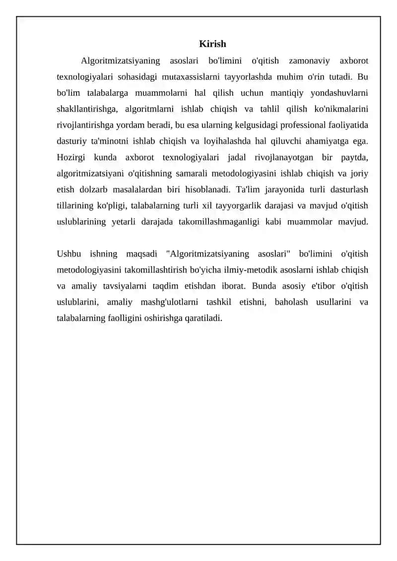 Algaritimlash asoslari bulimini o'qitish metodikasi 3