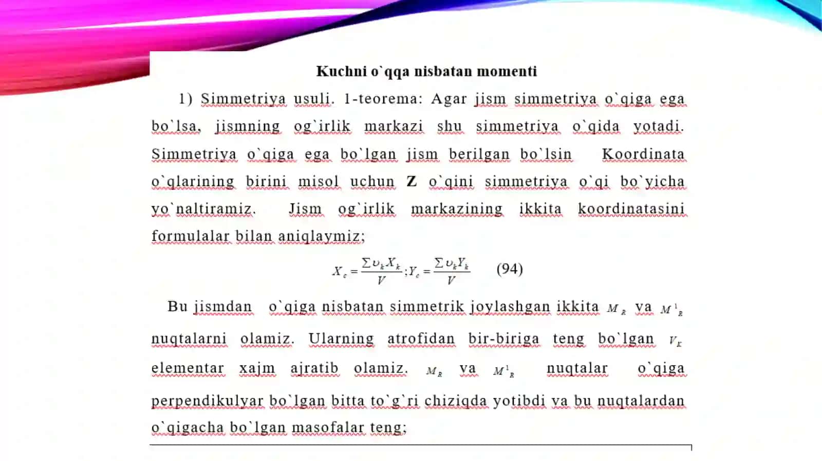 JIsmlarning og`irlik markazini aniqlash usullari 3