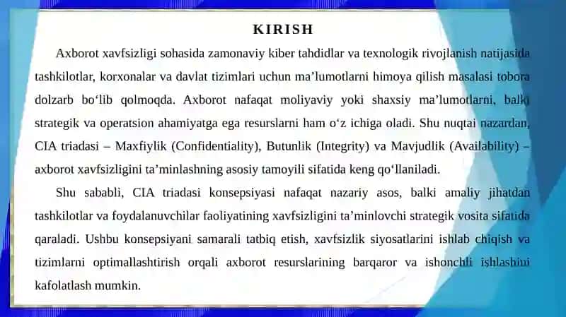 Maxfiylik, butunlik va mavjudlik (CIA triadasi) konsepsiyasining amaliy ahamiyati 3