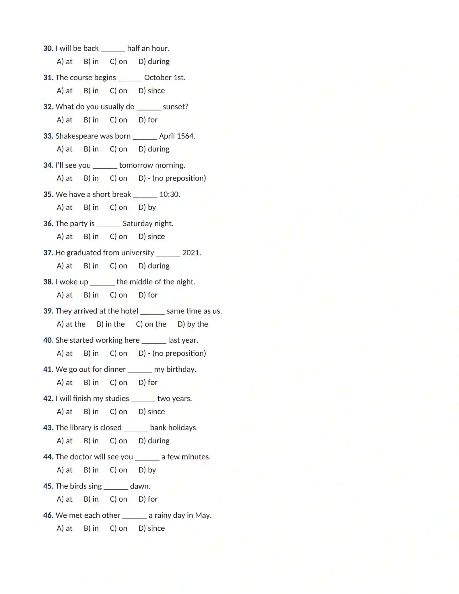 INGLIZ TILI GRAMMATIKASI: PREPOSITIONS OF TIME (VAQT  PREDLOGLARI) 100 talik test javoblari bilan 3