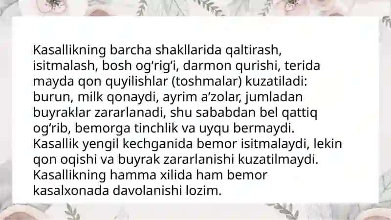 Gemmoragik isitma qo‘zg‘atuvchilari, patogenezi, labaratoriya tashxisi.Leptosiprozlar morfologiyasi, strukturasi tarqalganligi,keltirib chiqaruvchi kasalliklar va laboratoriya tashxisi. 3