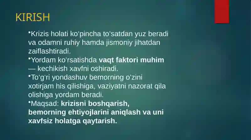 Krizis holatda bo‘lgan bemorga maslahat berish. Yo‘qotish, bemor holatini o‘ziga xosligi 3
