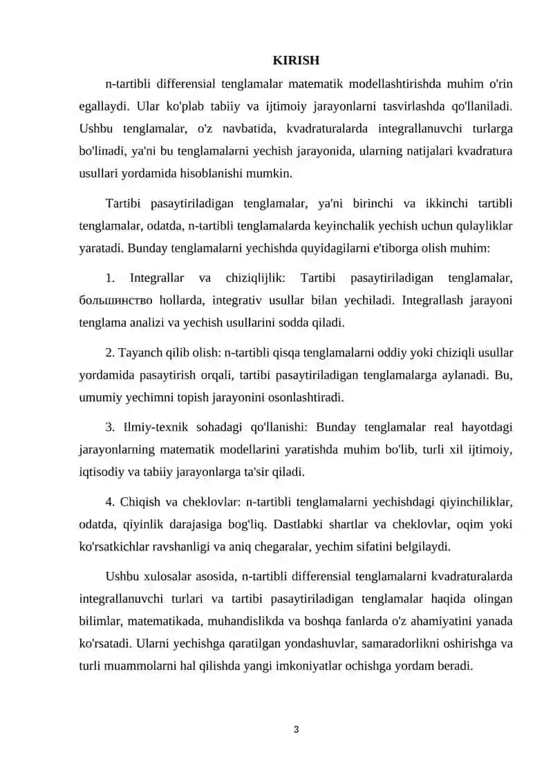 n-tartibli differensial tenglamalarni kvadratularda integrallanuvchi turlari. Tartibi pasaytiriladigan tenglamalar 3