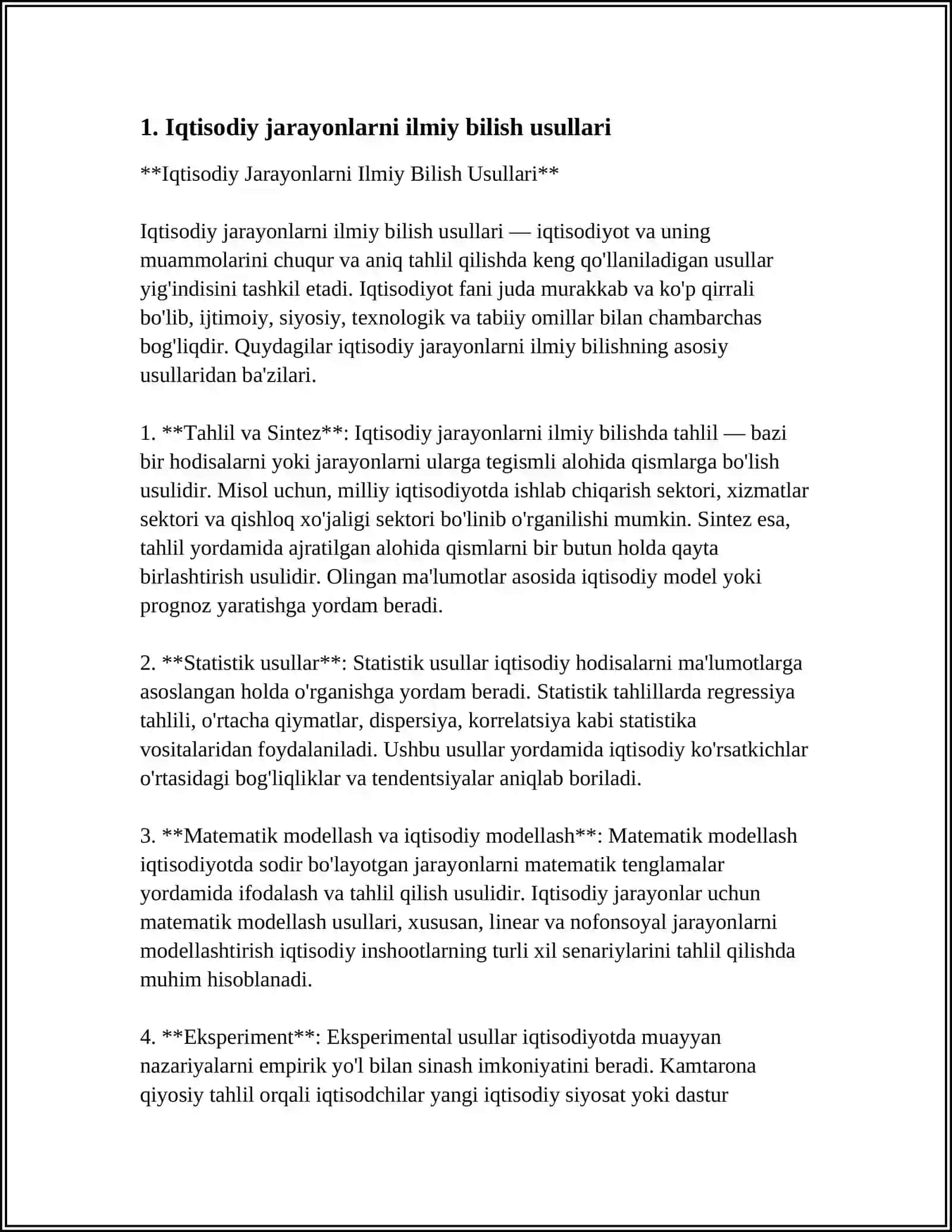 IQTISODIY JARAYONLARNI ILMIY BILISHNING USULLARI,OʻTISH DAVRI IQTISODIYOTI NAZARIYASI,UNING BELGILARI,TURLARI VA QONUNIYATLARI 3