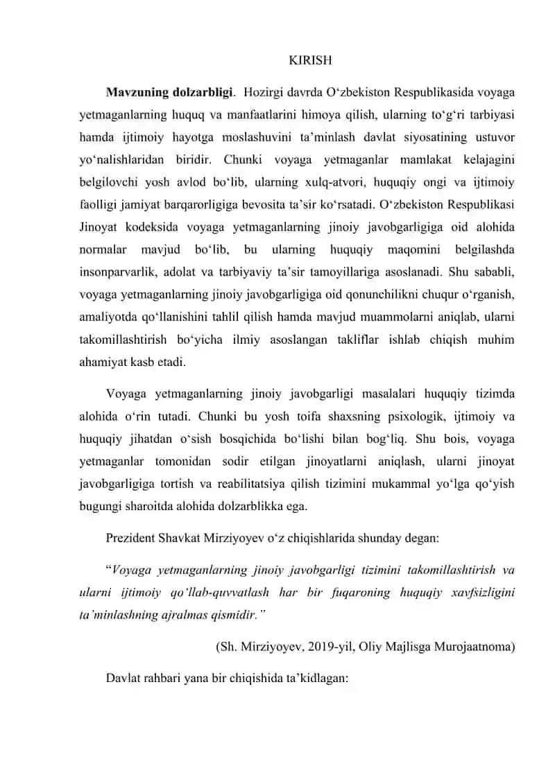 "O‘zbekiston qonunchiligida voyaga yetmaganlarning jinoiy javobgarligining ayrim masalalari" KURS ISHI 3