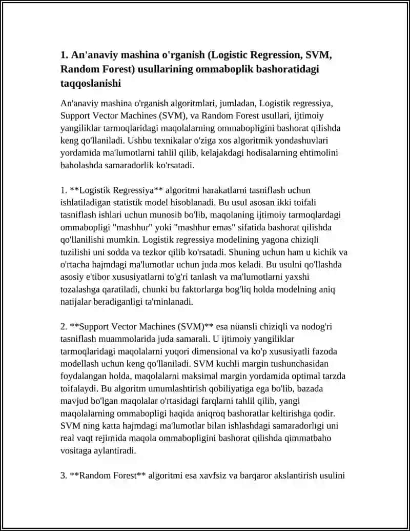 IJTIMOIY YANGILIKLAR TARMOQLARIDAGI MAQOLALARING OMMABOPLIGINI BASHORAT QILISH USULLARINI QIYOSIY TAHLIL QILISH 3