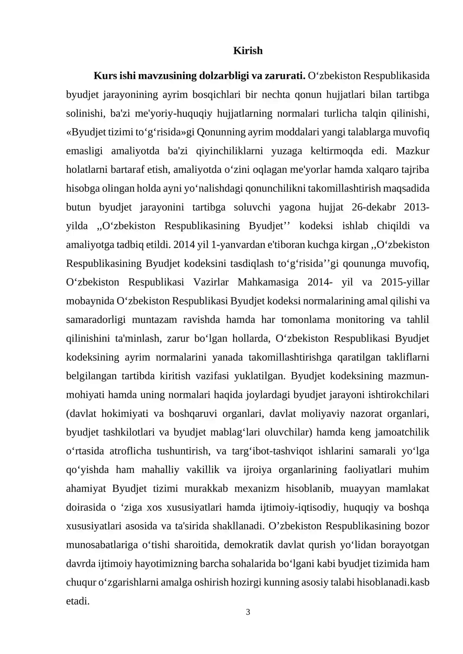 O`zbekiston Respublikasida davlat budjetining daromad bazalarini mustahkamlashning bugungi kundagi muammolari mavzusida kurs ishi 3