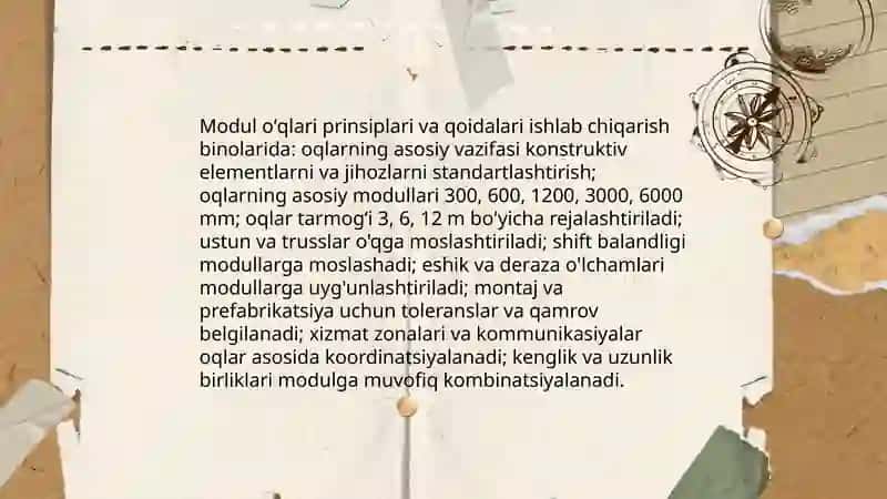 Modul oʻqlari prinsiplari va qoidalari ishlab chiqarish binolarida 3