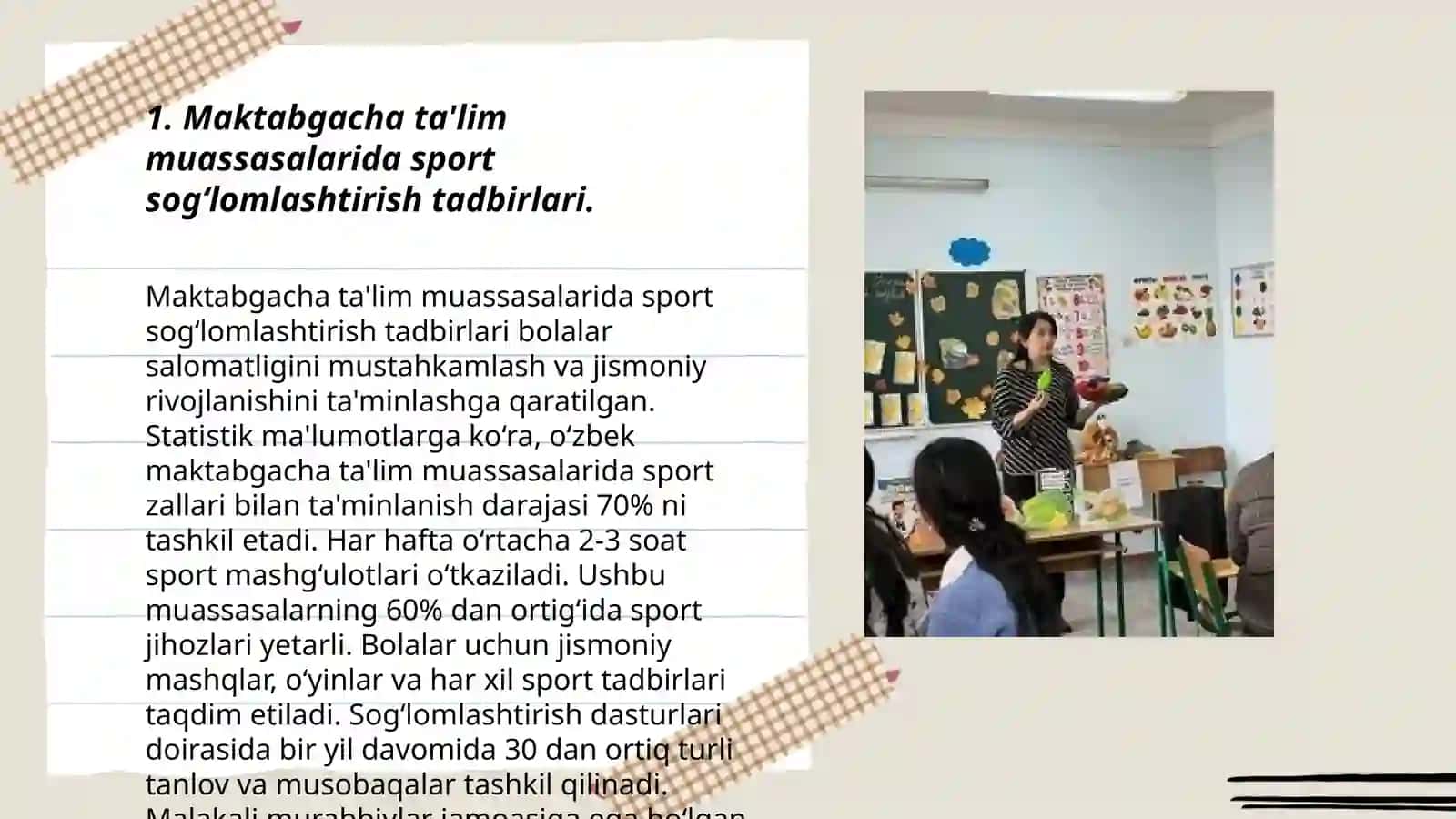 Maktabgacha ta‘lim muassasalari umumta'lim maktablari talabalar o'rtasida va aholi turar joylarida( mahalla hovli, qishloq)da sport sog‘lomlashtirish tadbirlarini o‘tkazish va tashkil qilish 3