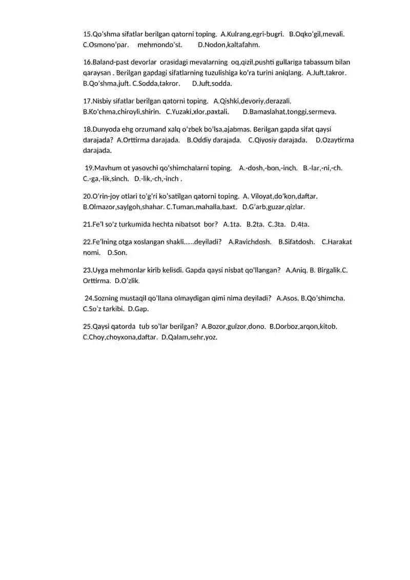 V Sinf. Ona tili. Yakuniy test. 3