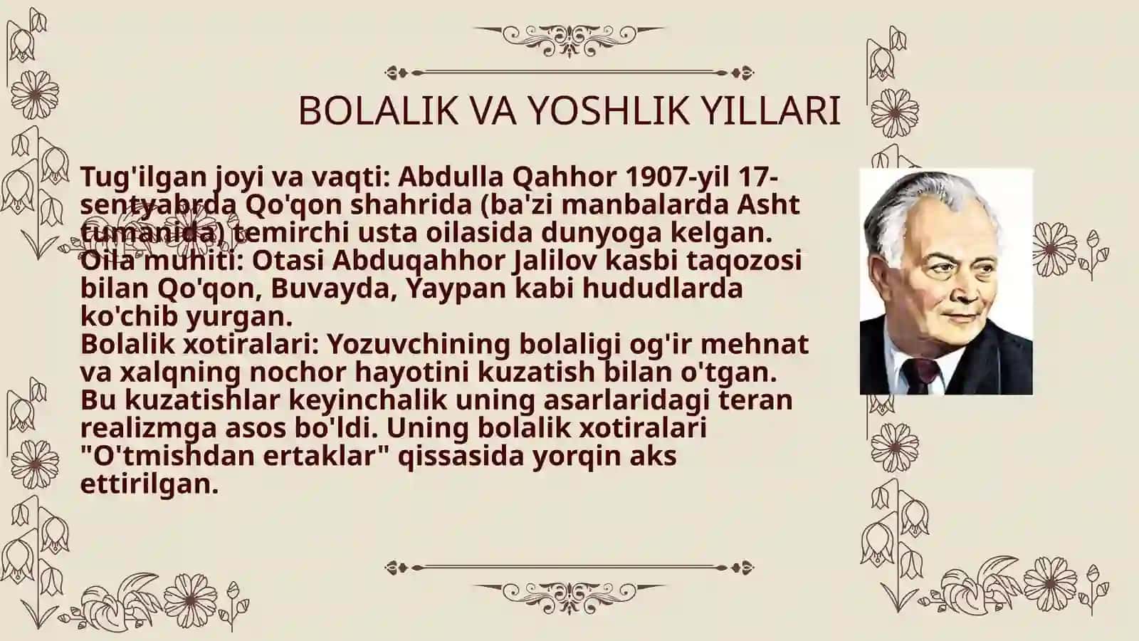 ABDULLA QAHHOR — O'ZBEK HIKOYACHILIGINING USTASI VA ZABARDAST SO'Z SAN'ATKORI 3
