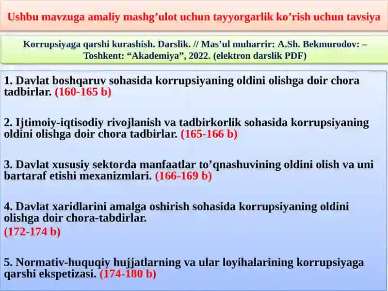 DAVALAT BOSHQARUVI VA XUSUSIY SEKTORDA KORRUPSIYA XAVF-HATARLARINI OLDINI OLISH 3