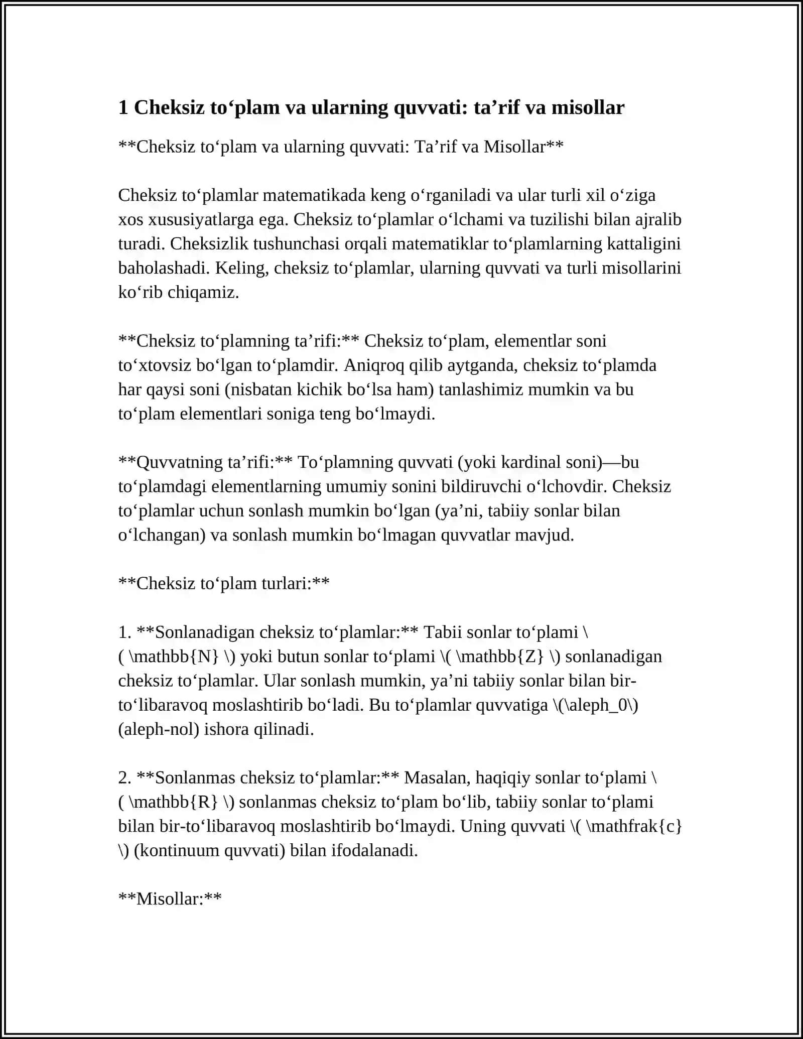 CHEKSIZ TOʻPLAMLARNI QUVVATIGA KOʻRA TAQQOSLASH MUAMMOLARI 3