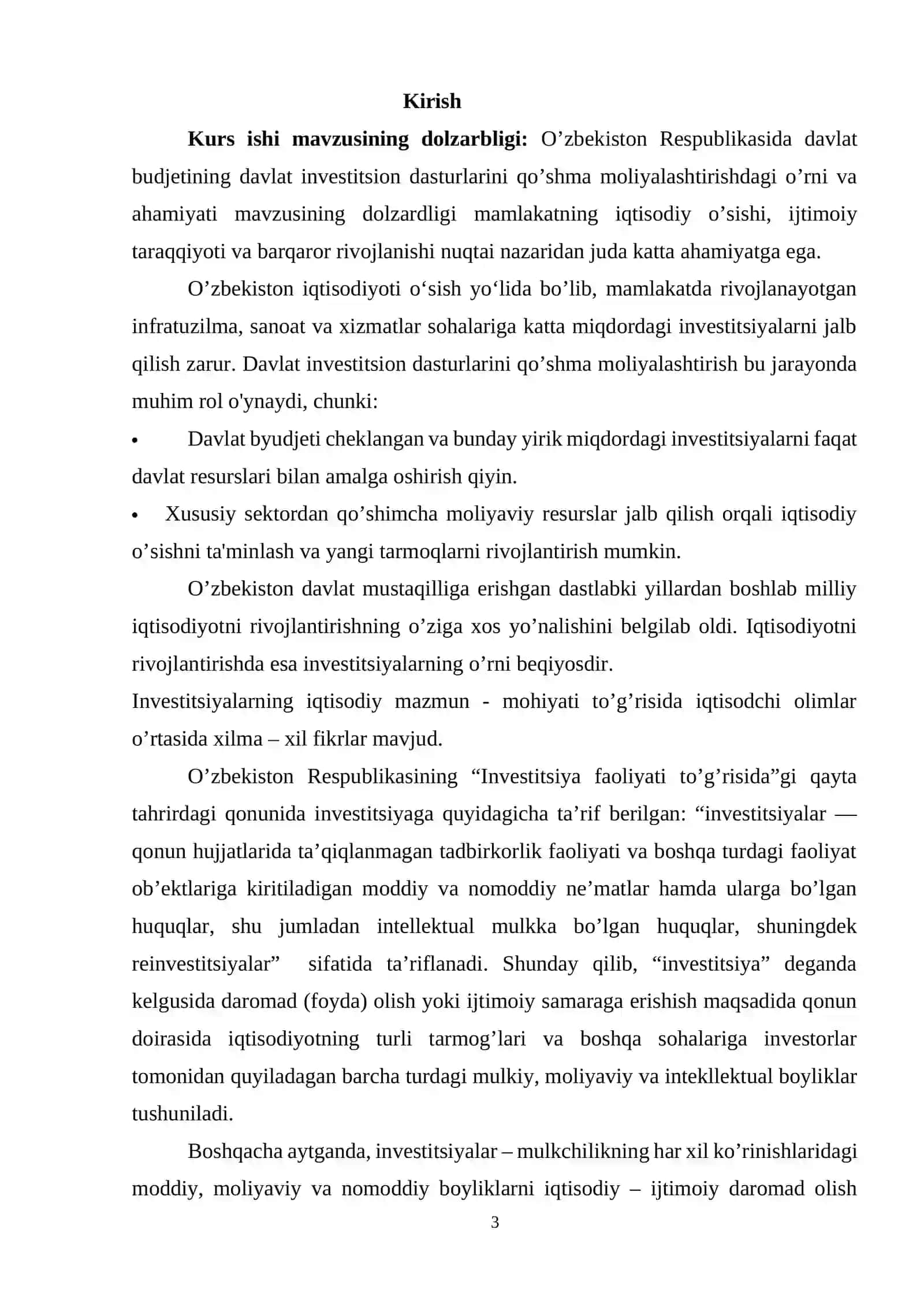 O’zbekiston Respublikasida davlat budjetining davlat investitsion dasturlarini qo’shma moliyalashtirishdagi o’rni va ahamiyati mavzusida kurs ishi 3