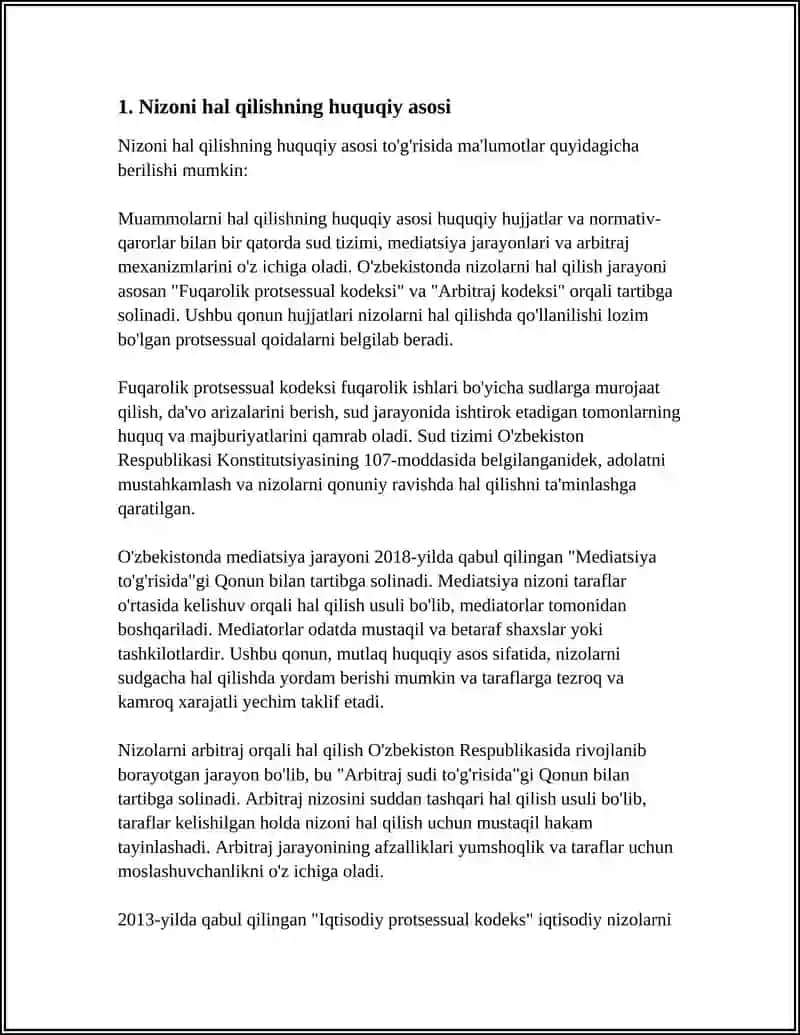 NIZONI HAL QILA OLISH KO'NIKMASI.HUQUQIY KONSULTATSIYA VA MUZOKARALAR BOSQICHI 3