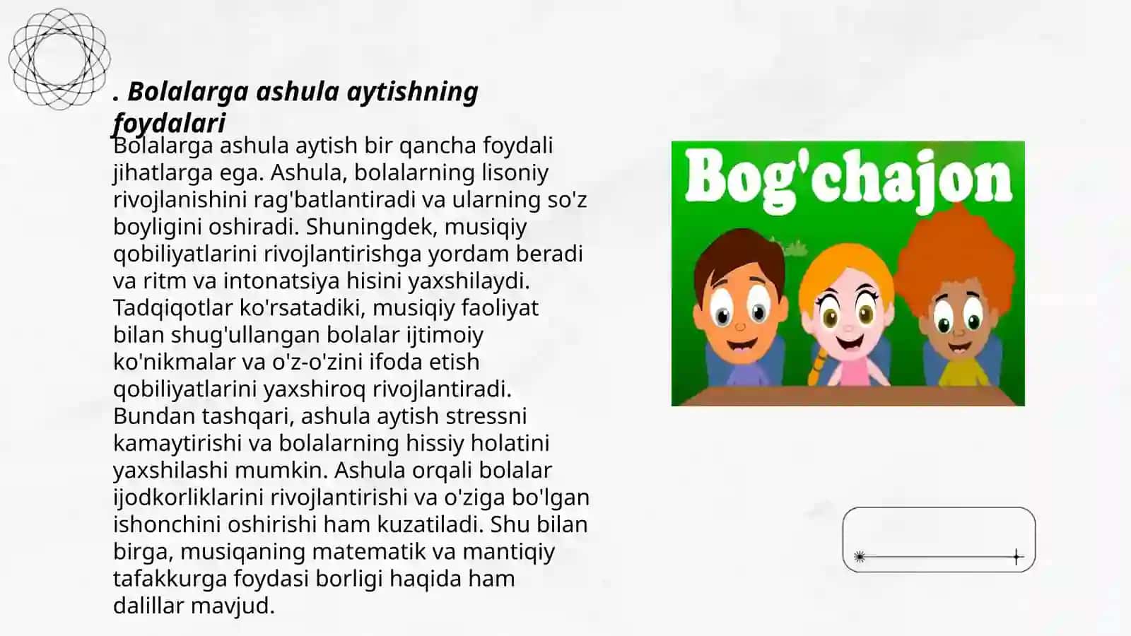 Bolalarni ashula aytish, musiqa tinglash va musiqaviy ritmik harakatlarni o'rgatishga bag'ishlangan buklet tayyorlash 3