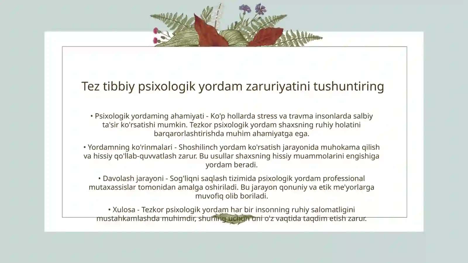 Tez tibbiy psixologik yordam. Harbiy psixologiya va psixoterapiya 3