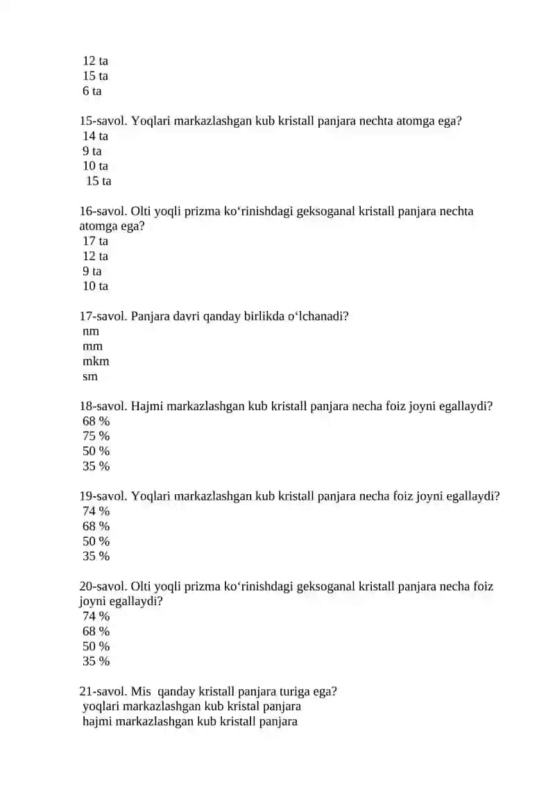 Materialshunoslik va konstruksion materiallar texnologiyasi test savollari 3