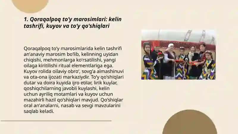 Qoraqalpoq xalqining ananaviy urf odatlariga bogʻliq folklorlar va etnografik meroslar 3