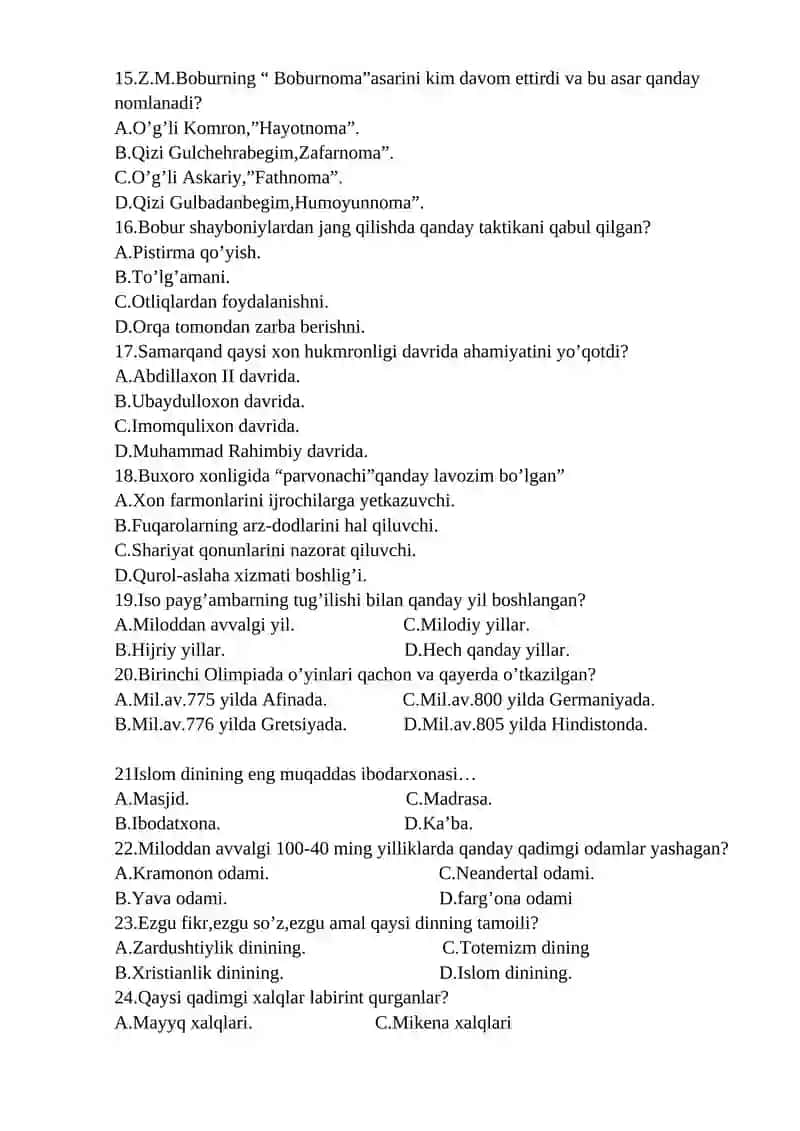 Tarix fanidan 8-sinflar “Bilimlar bellashuvi” uchun test savol 3