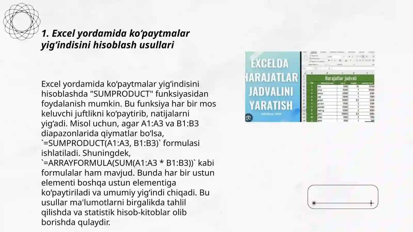 Excel yordamida ko‘paytmalar yig‘indisini hisoblash usullari 3