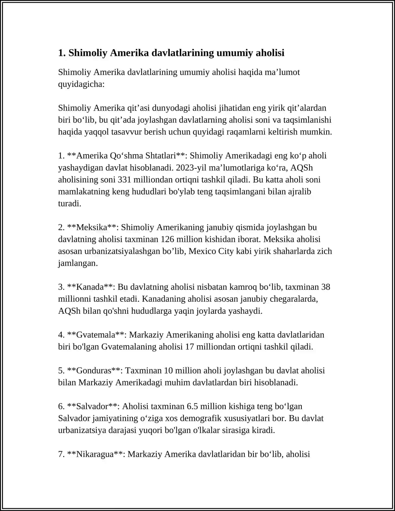 SHIMOLIY AMERIKA DAVLATLARI HAQIDA STATISTIK MALUMOT 3