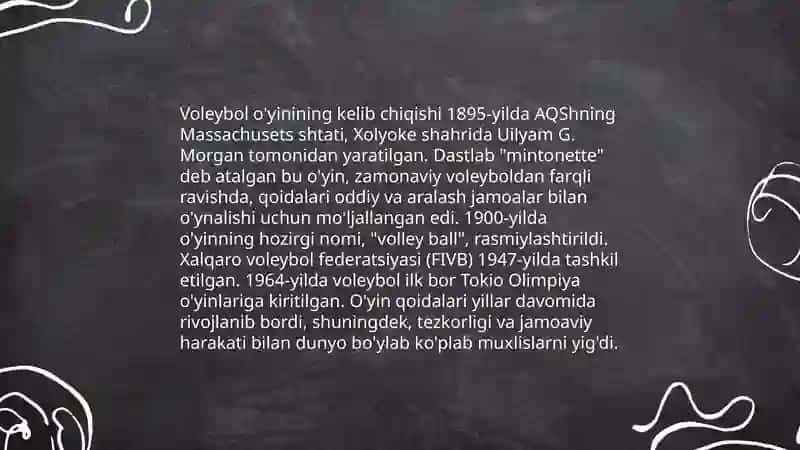 Valeybol o'yinining kelib chiqishi va rivojlanish tarixi 3