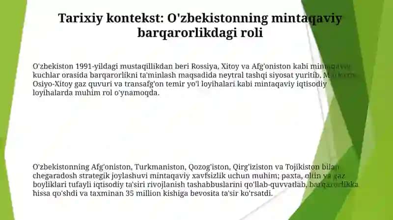 O'zbekistonning Markaziy Osiyoda tinchlik va barqarorlikni ta'minlashdagi o'rni. 3