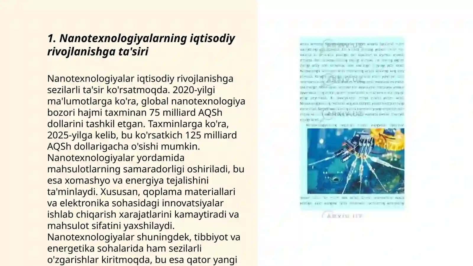 Nanotexnologiyalar rivojlanishining iqtisodiyotdagi o’rni va ahamiyati 3