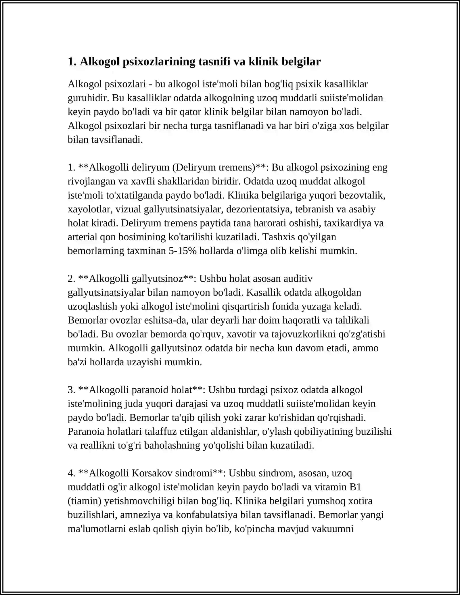ALKOGOL PSIXOZLARI. ALKOGOL ENSEFALOPATIYALARI. ALKOGOLIZMDA SOMATIK VA NEVROLOGIK YORDAM KO‘RSATISH 3