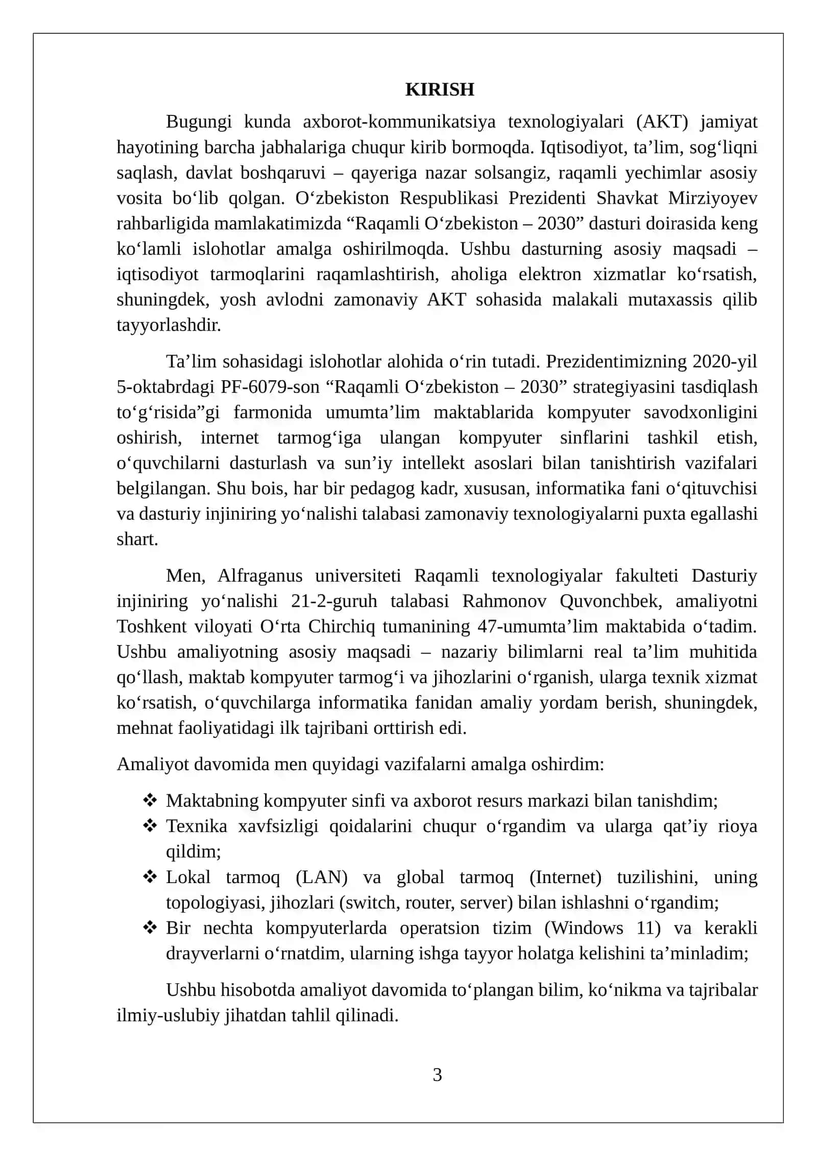Maktabda informatika fanidan oʻtalgan AMALIYOT HISOBOTI 3